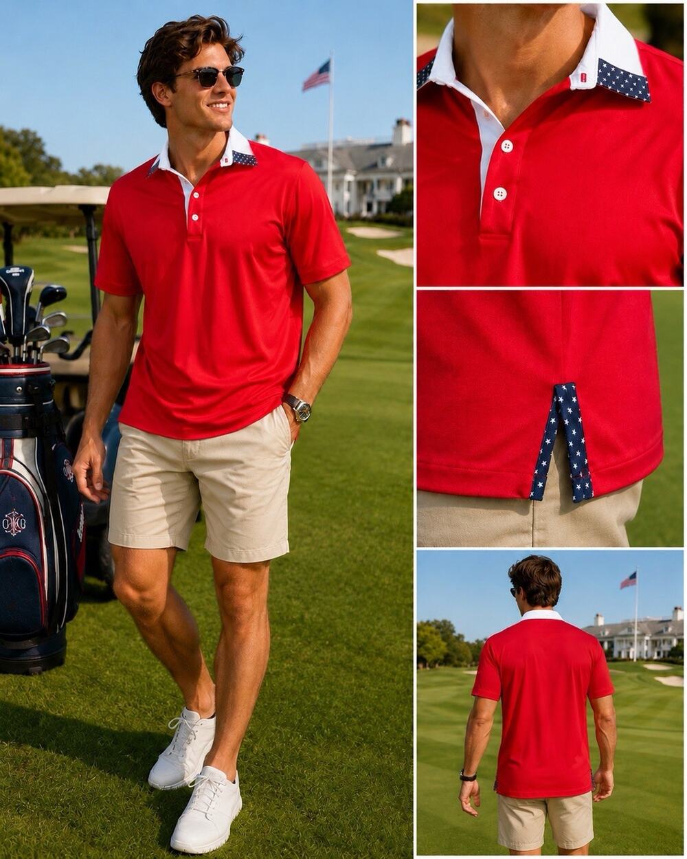 Alial Fital USA Made Patriotic Golf Polo Shirt Large Red Stars Sz L America 4th